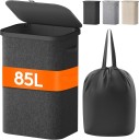 Fällbar tvättkorg 85 l med lock och handtag 60 x 43 x 33 cm textil förvaring korg för tvätt i badrum och tvättstuga 8