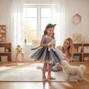 Fantasia de Gato para Meninas Vestido com Saia Tutu e Padrão Manchado Fita com Orelhas de Gato Cauda Cetim e Renda Preto Branco e Cinza 4