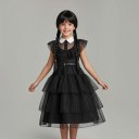 Fantasia infantil vestido preto com colarinho e saia em camadas Peruca com franja e tranças Cinto Poliéster Preto Para Halloween e carnaval 2