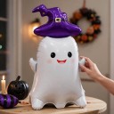 Fantasma gonfiabile con cappello da strega Palloncino in piedi Decorazione di Halloween Volto sorridente Bianco e viola Decorazione per festa 3