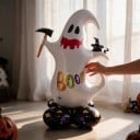 Fantôme gonflable avec l'inscription Boo Ballon debout Décoration d'Halloween 82 x 120 cm Blanc avec socle noir Décoration de fête pour Halloween 4