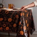 Față de masă de Halloween pentru masă cu motiv de dovleci Rectangular 130 x 220 cm Suprafață lucioasă Negru cu dovleci portocalii Decorațiune 5