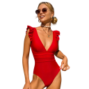 Fato de banho feminino de uma peça com folhos nos ombros Decote profundo Cintura modeladora Costas abertas Modelo elegante de verão para a praia e piscina 3
