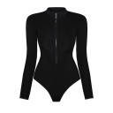 Fato de banho feminino de uma peça em cor sólida com decote em V e fecho de correr, mangas longas, em poliéster e spandex, elástico 1