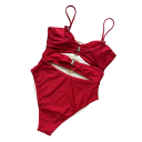 Fato de banho vermelho de uma peça com adornos metálicos Decote bandeau Corte estiloso na cintura Alças ajustáveis Modelo de praia de verão 2