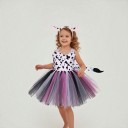 Fato de vaca para menina Vestido com saia tutu e padrão de vaca Tiara com cornos e orelhas Cauda Cetim e renda Preto, branco e rosa 3