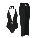 Fatos de banho femininos com decote profundo e saia maxi estilo sarongue Conjunto 2 em 1 com estrela do mar Conjunto elegante de verão para a praia e festa 3