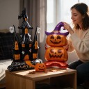 Felfújható lufik szett 2 db Szellemház 150 x 106 cm és tök 150 x 70 cm Fólia lufik Fekete és narancssárga Dekoráció Halloweenra 6