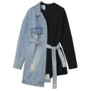 Felpa asimmetrica da donna in denim con cintura Nera e azzurro chiaro Colletto in denim e tasca sul petto Dettagli sfilacciati Cotone e poliestere 1