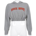 Felpa corta da donna con cappuccio e stampa testuale Felpa crop grigia con maniche lunghe Bordo elastico in vita Cotone con spandex 5