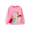 Felpa da ragazza con ricamo di unicorno e arcobaleno e scollo rotondo a maniche lunghe 3