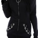Felpa gotica da donna con grande cappuccio e zip Nera Anelli metallici sul cappuccio e sulle tasche Tirazip circolare Vestibilità aderente 6