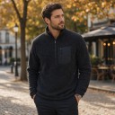 Férfi fleece pulóver félcipzárral és állógallérral, zsebes pulóver strukturált mintával 5
