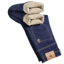 Férfi magas derekú farmernadrág, bélés, zsebek, egyszínű, pamut, spandex, poliészter 5