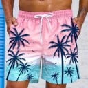 Férfi merész hawaii pálmafa mintás fürdőruha, lélegző, gyorsan száradó, nyári strandnadrág, laza húzózsinóros rövidnadrág 2