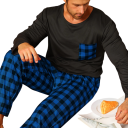 Férfi pizsama hosszú ujjú és kockás nadrág O nyak Polyester Kényelmes pizsama zsebekkel otthoni viselethez 7