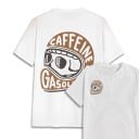 Férfi póló barna motoros sisak mintával és Caffeine & Gasoline felirattal a háton és a mellkason, rövid ujjú, retró stílusban 1