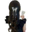 Fivela de cabelo para senhora 6,9 cm Borboleta Elegante fivela de metal com correntes decorativas e pérolas Acessório capilar em liga para penteados 2