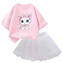 Flickors sommarset T-shirt med kort ärm och vit kjol Rundad hals Katttryck Bomull polyester stiligt set 2