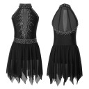 Flicktansklänningar med glittrande stenar och asymmetrisk kjol polyester elastan för uppträdande och dans 2