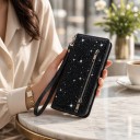 Flip cover til Samsung Galaxy S25+ Glitrende overflade Lynlås lomme og kortplads Håndledsrem PU læder Pungetui til mobil 10
