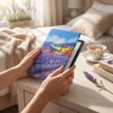 Flipcover til 6 tommer Kindle 10. generation 2019 med malet lavendelmark og hus under blå himmel samt med rem og folie 2