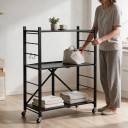 Folding Metal Shelf 3 Shelves 33 x 72 x 91 cm Swivel Wheels with Brake Carbon Steel Q235A Black For Garage and Kitchen 6