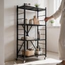 Folding Metal Shelf 4 Shelves 33 x 61 x 114 cm Swivel Wheels with Brake Carbon Steel Q235A Black For Garage and Kitchen 6