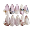 Forma de almendra tamaño mediano 24 unidades de uñas artificiales acrílicas brillantes Uñas postizas adhesivas para manicura en casa 1