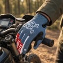 Full-Fingered Sports Gloves for Motocross with Skull Print and Reinforced Thumb in Blue with Red Elements for Off-Road Riding 3