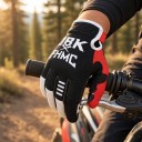 Full-Fingered Sports Gloves for Motocross with White Print and Reinforced Thumb in Black with Red Elements for Off-Road Riding 2