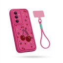 Funda de silicona con correa para la muñeca Samsung Galaxy A15 5G Resistente Diseño de cereza con el texto Cherry Rosa oscuro Protección de la cámara 1