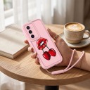 Funda de silicona con correa para la muñeca Samsung Galaxy A15 5G Resistente Diseño de labios rojos y cerezas Rosa Protección de la cámara Funda 2