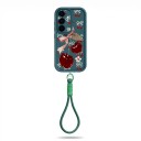 Funda de silicona con correa para la muñeca Samsung Galaxy A17 5G Resistente Diseño de cerezas y lazos Verde oscuro Protección de la cámara Funda 3