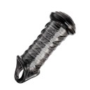 Funda de silicona para pene con punta expandida en forma de hongo y anillos de masaje con agarre para testículos tipo estrangulador. Embalaje discreto. 1