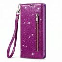 Funda flip brillante para Samsung Galaxy S24 FE con bolsillo con cremallera y compartimento para tarjetas, correa para la muñeca, material 19