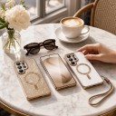 Funda para Samsung Galaxy S24 Ultra S con parte brillante desmontable Soporte para carga magnética Correa para la muñeca Funda de plástico 11