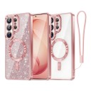 Funda para Samsung Galaxy S24 Ultra S con parte brillante desmontable Soporte para carga magnética Correa para la muñeca Funda de plástico 13