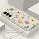 Funda para Samsung Galaxy S25 Ultra Funda de silicona con correa para la muñeca Flores dibujadas Protección de lentes Funda para móvil 14