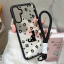 Funda transparente con correa para la muñeca Samsung Galaxy A07 Resistente Diseño de gato negro y estrellas Bordes negros Protección de la cámara 3