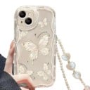 Funda transparente para Samsung Galaxy A55 5G con estampado de mariposas y cadena de perlas para la muñeca Bisel elevado alrededor de la cámara Funda resistente 5