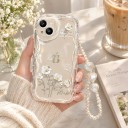 Funda transparente para Samsung Galaxy A55 5G con flores y mariposas, con un cordón de perlas, bordes ondulados, borde elevado alrededor de la cámara 5