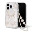 Funda transparente para Samsung Galaxy A55 5G con mariposas y cordón de perlas para la muñeca Bordes ondulados con estrías Bisel elevado alrededor de la cámara Funda resistente 1