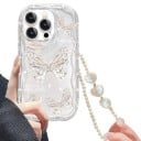 Funda transparente para Samsung Galaxy A55 5G con mariposas y cordón de perlas para la muñeca Bordes ondulados con estrías Bisel elevado alrededor de la cámara Funda resistente 2