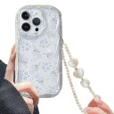 Funda transparente para Samsung Galaxy A55 5G con pequeño estampado de flores azules Cadena de perlas con corazones Bordes ondulados Bisel elevado 2