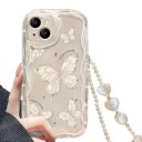 Funda transparente para Samsung Galaxy A56 5G con estampado de mariposas y cadena de perlas para la muñeca. Bisel elevado alrededor de la cámara 5