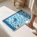 Fürdőszobai szőnyeg 50 x 80 cm medence és napernyő illusztrációval sárga körrel és türkizkék színű napozóággyal csúszásgátló kivitelben 3