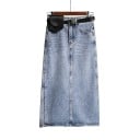 Fustă din denim pentru femei, sub genunchi, cu slit pe lateral Croială dreaptă Nasture metalic și fermoar Efect spălat Albastru deschis Bumbac 1