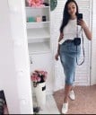 Fustă din denim pentru femei, sub genunchi, cu slit pe lateral Croială dreaptă Nasture metalic și fermoar Efect spălat Albastru deschis Bumbac 3