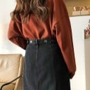 Fustă midi din denim negru pentru femei, cu efect de decolorare și fanta în spate Buzunare frontale Punte pentru curea Denim cu poliester 4